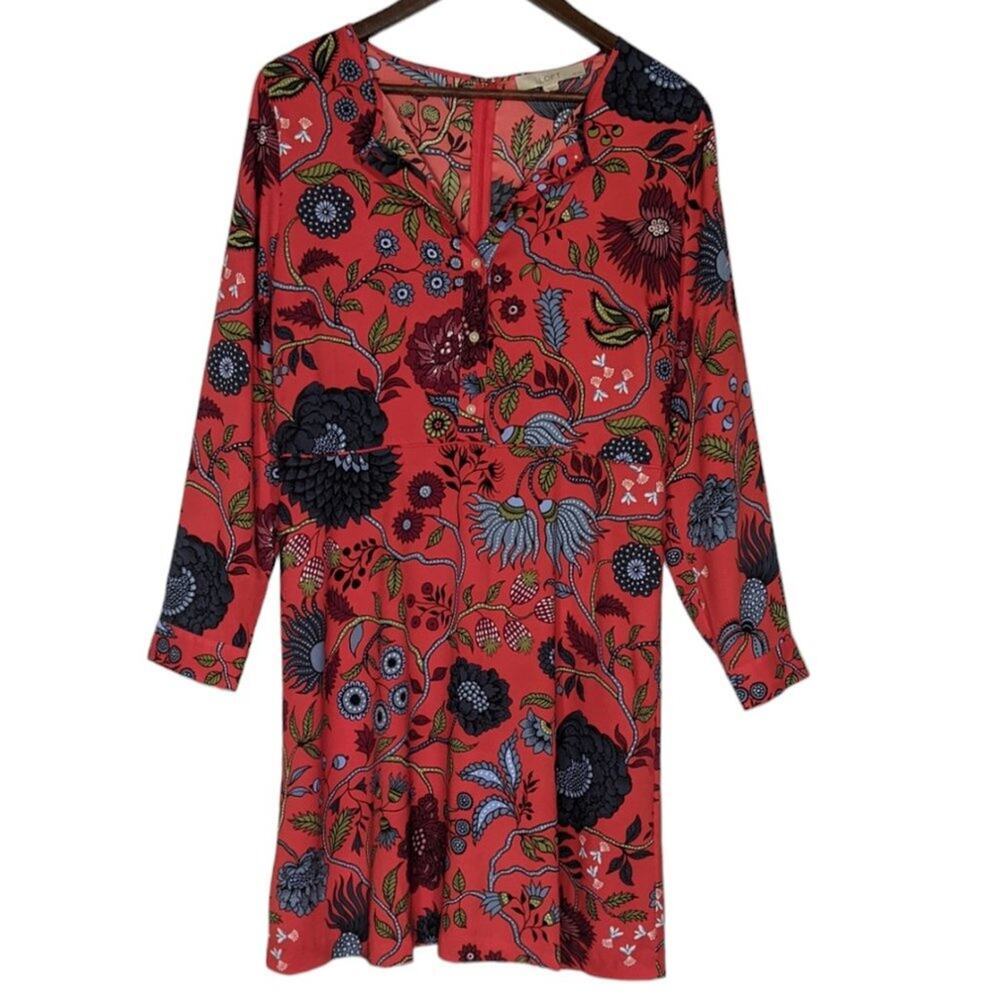 Ann Taylor Loft Coral Orange Floral Long Sleeve Dress Beachy Tropical Petite 12P